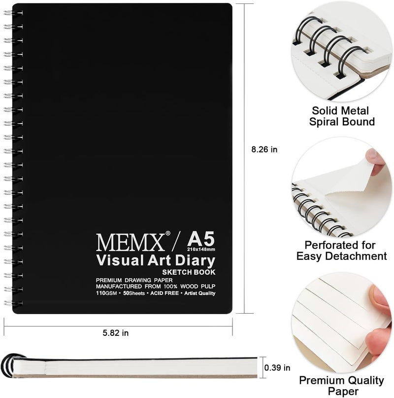 MEMX Poly Cover Sketch Book, 5.5”X8.5” 100 Pages (110gsm), Spiral Bound Artist Sketch Pad Notebook, Durable Acid Free Drawing Paper for Drawing, Writing, Painting, Sketching or Doodling, White - Image 3
